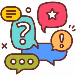 Cinq bulles de dialogue avec des signes de ponctuation divers, comme des points d'interrogation ou d'exclamation. Les bulles sont vertes, orange bleues et rouge.