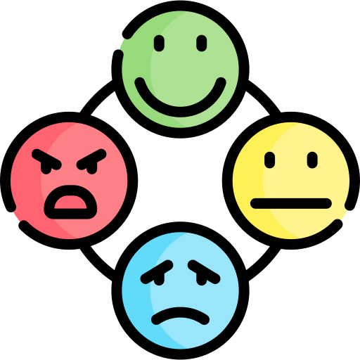 Un cercle avec quatre emojis représentant la joie, la colère, la tristesse et un visage neutre
