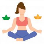 Emoji d'une femme blanche faisant du yoga en réalisant la position du lotus en legging bleu et débardeur rouge. 2 lotus en papier, un vert et un jaune, sont à sa droite et à gauche.