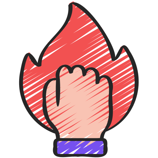 Un emoji de poing blang levé devant une flamme, en style dessiné.